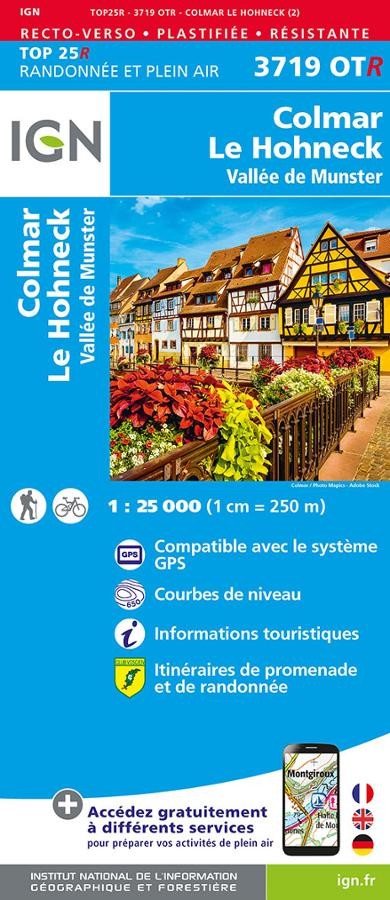 Carte IGN Colmar, Vallée de Munster 3719OTR série Top 25 Résistante