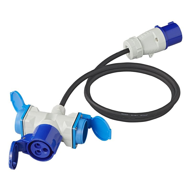 Câble adaptateur 150cm 3x1,5mm² fiche CEE vers prise 2xSchuko + 1xCEE