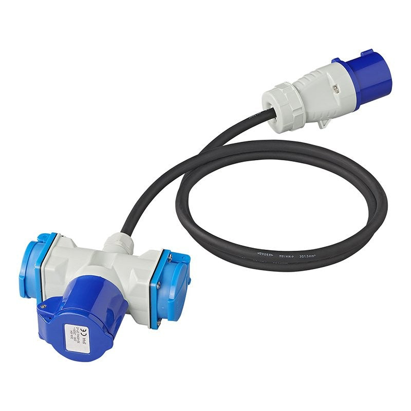Câble adaptateur 150cm 3x1,5mm² fiche CEE vers prise 2xSchuko + 1xCEE