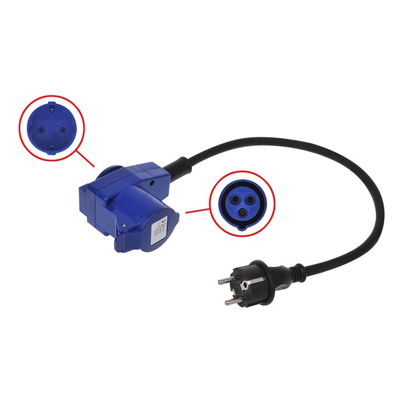 Câble adaptateur 40cm fiche Schuko vers prise coudée CEE + prise Schuko