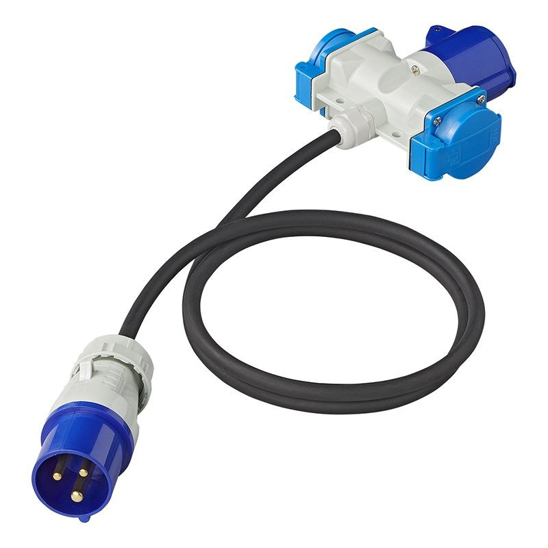Câble adaptateur 150cm 3x1,5mm² fiche CEE vers prise 2xSchuko + 1xCEE