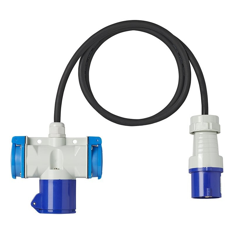 Câble adaptateur 150cm 3x1,5mm² fiche CEE vers prise 2xSchuko + 1xCEE