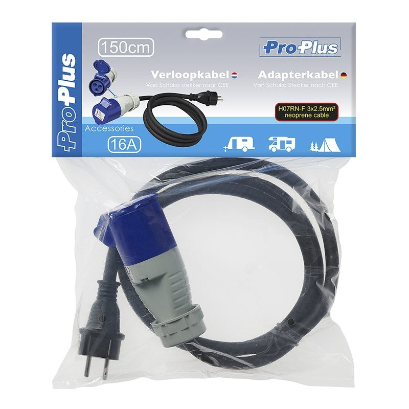 Câble adaptateur 150cm 3x2,5mm² fiche Schuko vers prise CEE