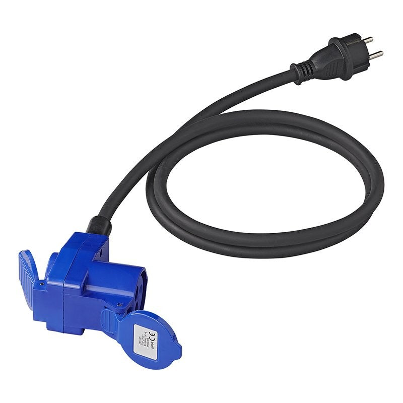Câble adaptateur 150cm 3x2,5mm² fiche Schuko vers prise coudée CEE + prise Schuko