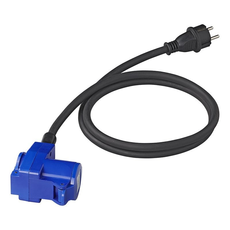 Câble adaptateur 150cm 3x2,5mm² fiche Schuko vers prise coudée CEE + prise Schuko