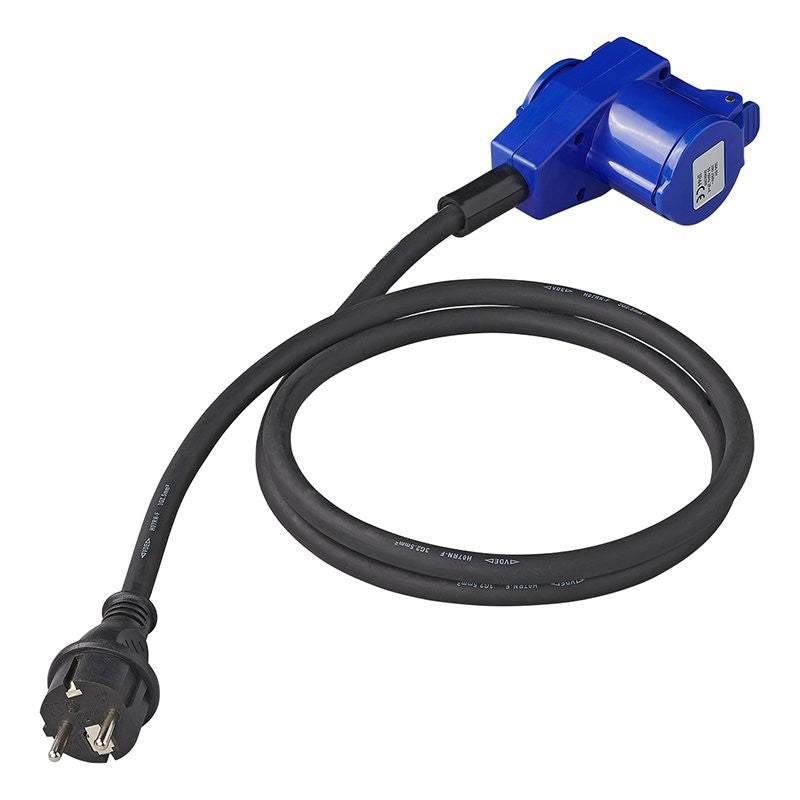 Câble adaptateur 150cm 3x2,5mm² fiche Schuko vers prise coudée CEE + prise Schuko