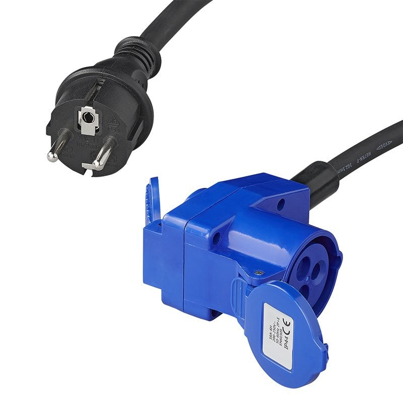Câble adaptateur 150cm 3x2,5mm² fiche Schuko vers prise coudée CEE + prise Schuko
