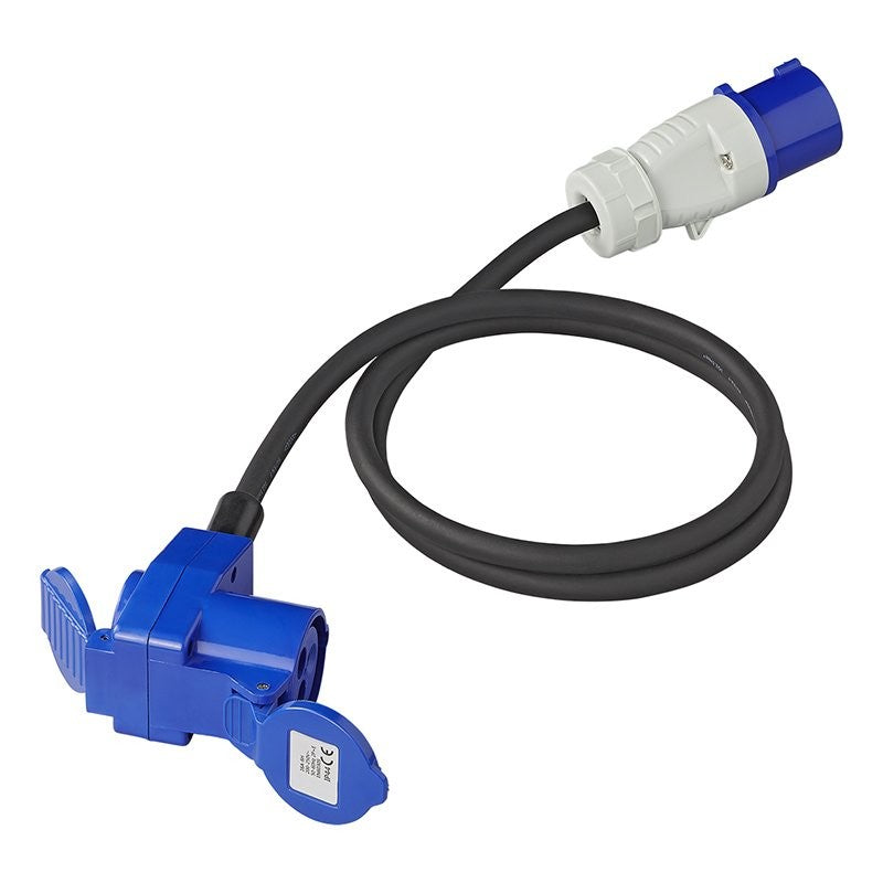 Câble adaptateur 150cm 3x2,5mm² fiche CEE vers prise coudée CEE + prise Schuko