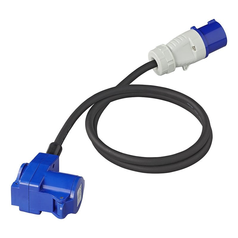 Câble adaptateur 150cm 3x2,5mm² fiche CEE vers prise coudée CEE + prise Schuko