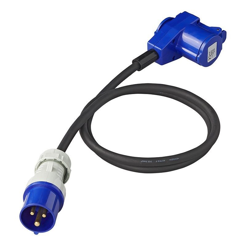 Câble adaptateur 150cm 3x2,5mm² fiche CEE vers prise coudée CEE + prise Schuko