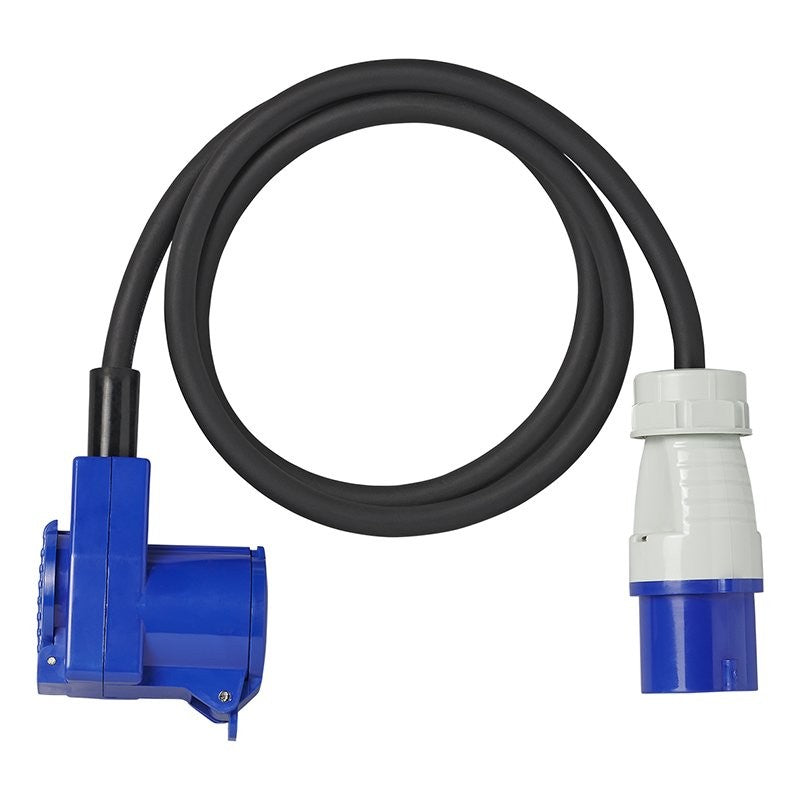 Câble adaptateur 150cm 3x2,5mm² fiche CEE vers prise coudée CEE + prise Schuko