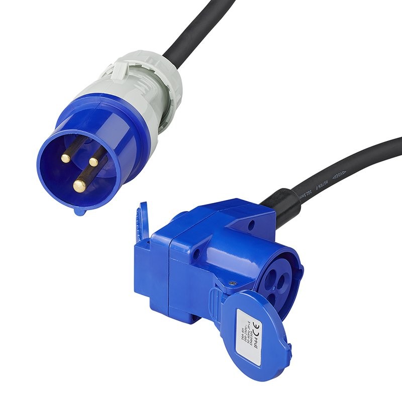 Câble adaptateur 150cm 3x2,5mm² fiche CEE vers prise coudée CEE + prise Schuko