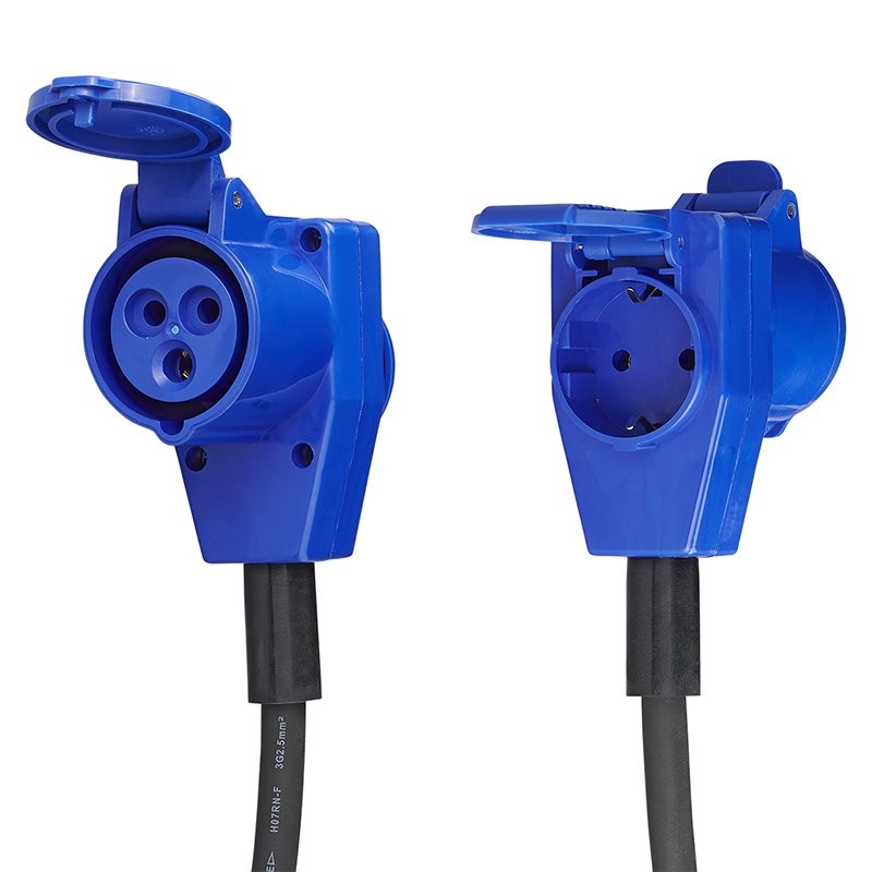 Câble adaptateur 150cm 3x2,5mm² fiche CEE vers prise coudée CEE + prise Schuko