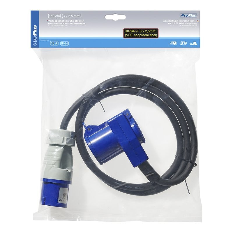 Câble adaptateur 150cm 3x2,5mm² fiche CEE vers prise coudée CEE + prise Schuko