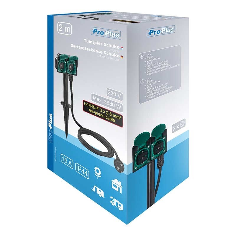 Prise de jardin Schuko double avec piquet 2M 3x2,5mm²
