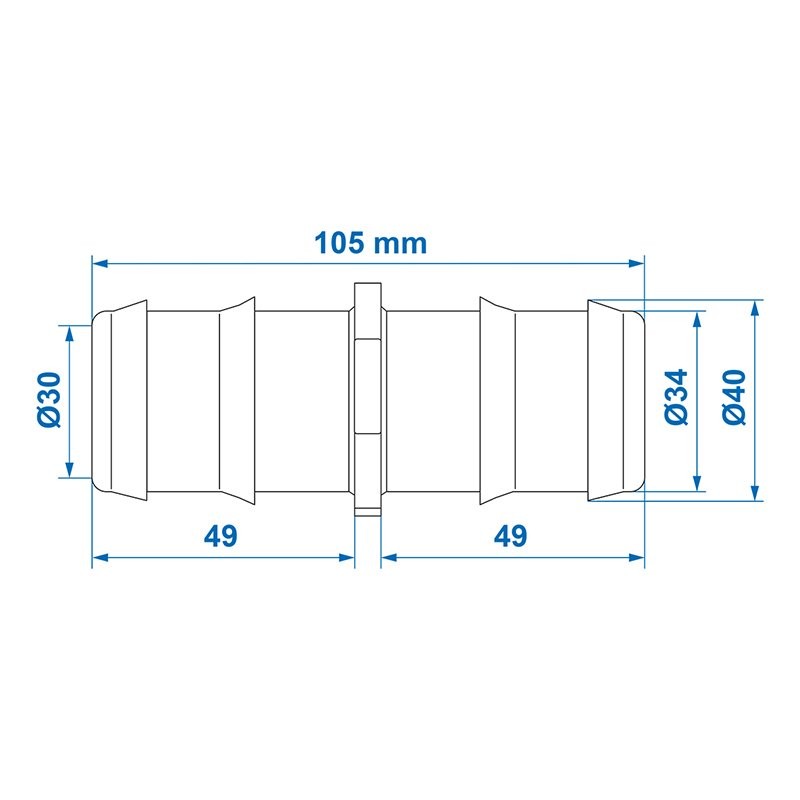Raccord droit pour circuit d'eau 40mm dans blister