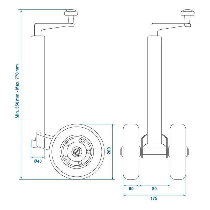 Roue jockey double 48 mm avec pneus en caoutchouc naturel solide 200 x 50 mm