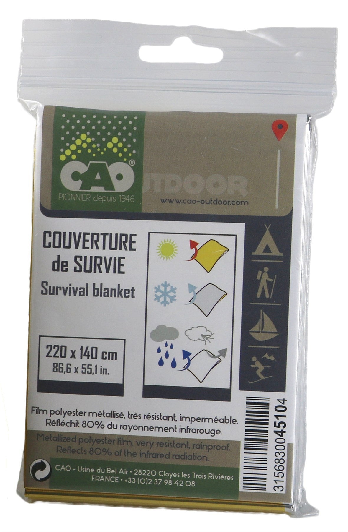 Couverture de Survie 2,20 x 1,40 m en Polyester métallisé