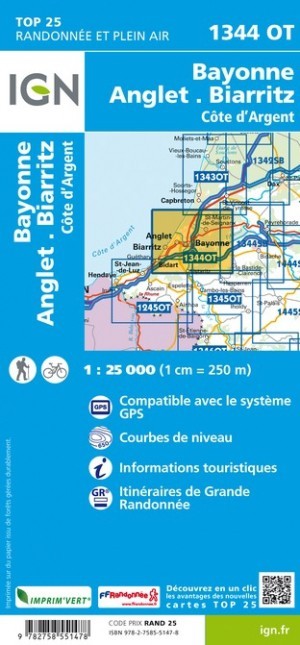 Carte IGN bayonne anglet biarritz 1344OT série Top 25