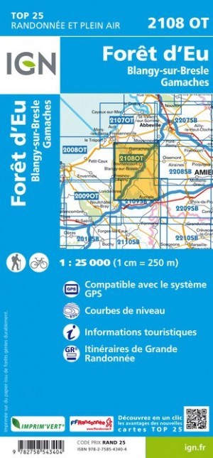Carte IGN foret eu blangy sur bresle gamaches 2108OT série Top 25
