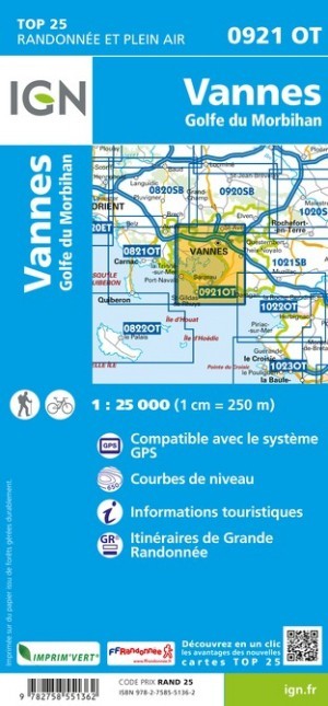 Carte IGN Vannes golfe du Morbihan 0921OT série Top 25