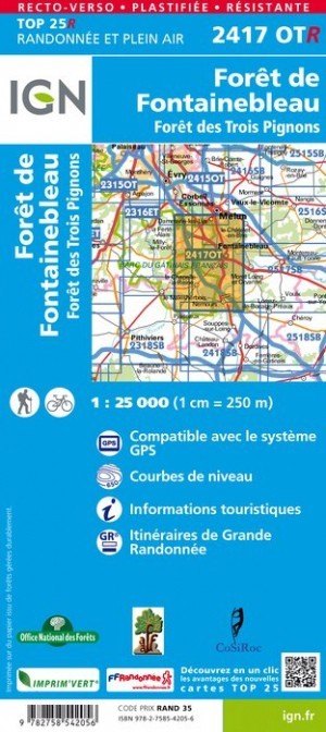 Carte IGN  forêt Fontainebleau forêt 3 pignons 2417OTR série Top 25 Résistante