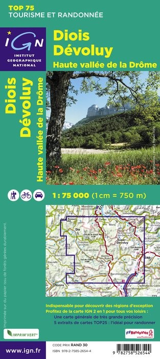 Carte tourisme Diois, Devoluy, HauteVallée de la Drome IGN Top 75