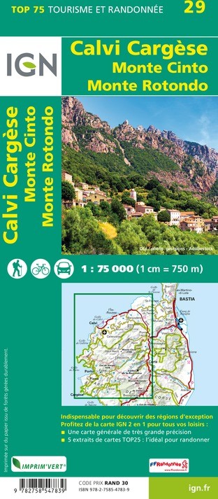 Carte tourisme Calvi, Cargesse, Monte Conto, Monte Rotondo IGN Top 75
