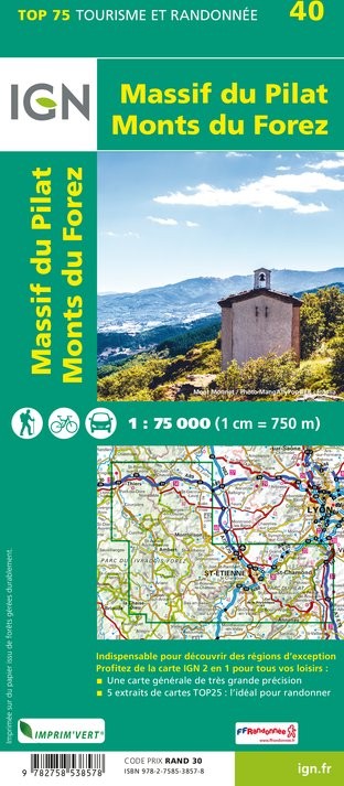 Carte tourisme Massif du Pilat, Monts du Forez IGN Top 75