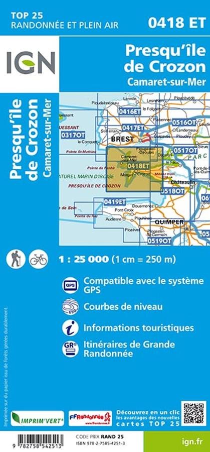Carte IGN presqu ile crozon camaret sur mer 0418ET série Top 25