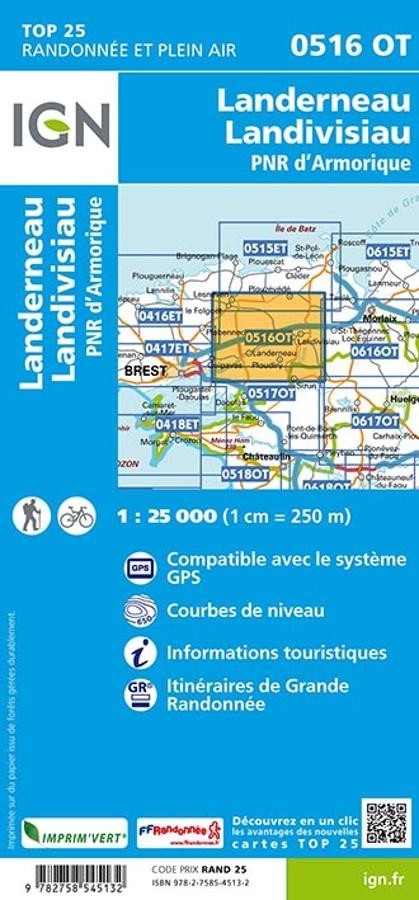 Carte IGN landerneau landivisiau parc armorique 0516OT série Top 25