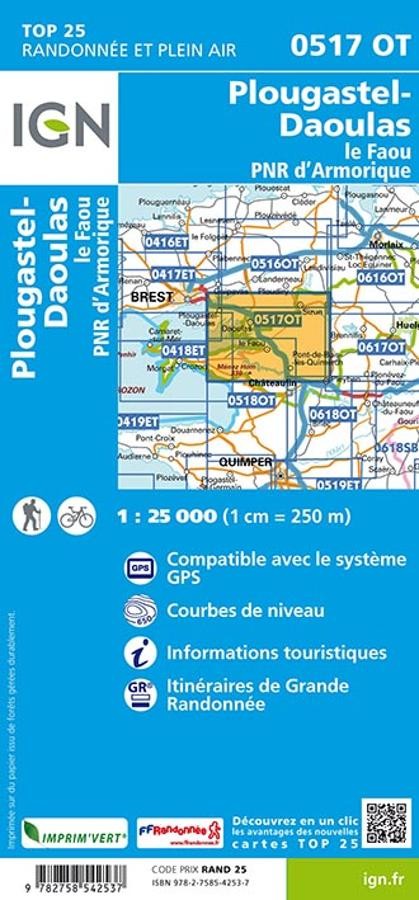 Carte IGN plougastel daoulas le faou parc armorique 0517OT série Top 25