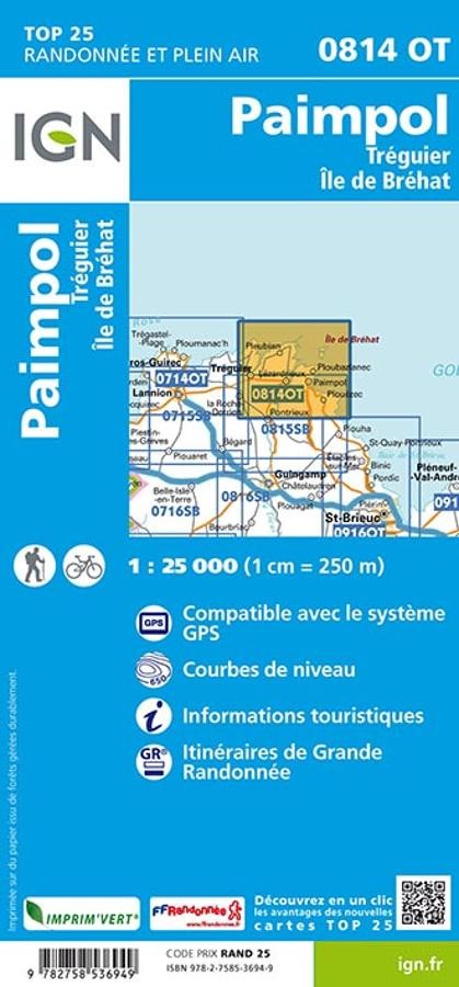 Carte IGN paimpol treguier ile de brehat 0814OT série Top 25