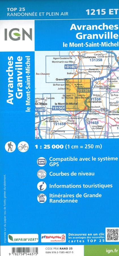 Carte IGN Avranches Granville Mont Saint-Michel 1215ET série Top 25