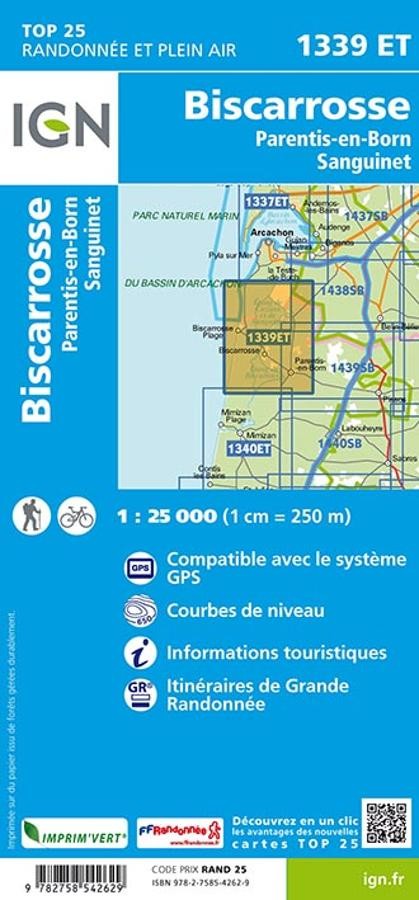 Carte IGN biscarrosse lacs cazaux sanguinet 1339ET série Top 25