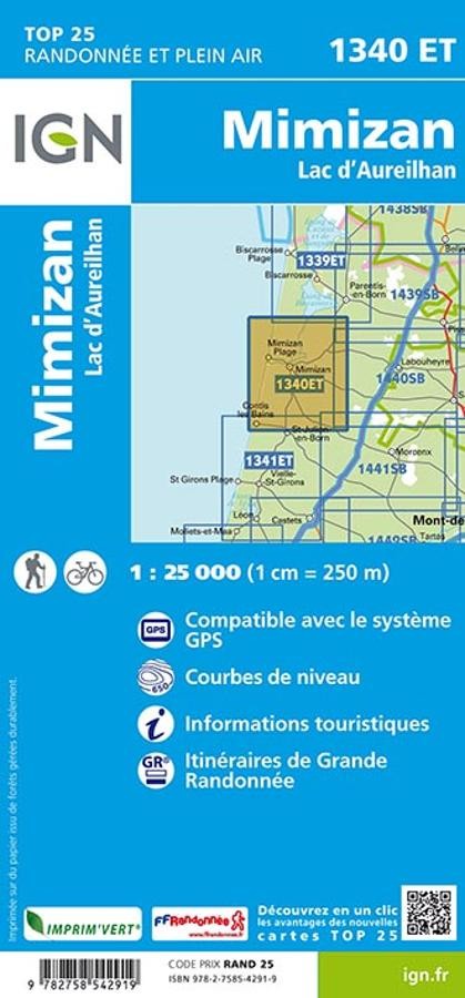 Carte IGN mimizan lac aureilhan 1340ET série Top 25