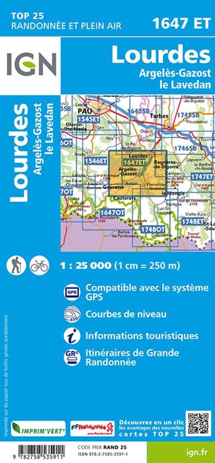 Carte IGN lourdes argeles gazost le lavedan 1647ET série Top 25
