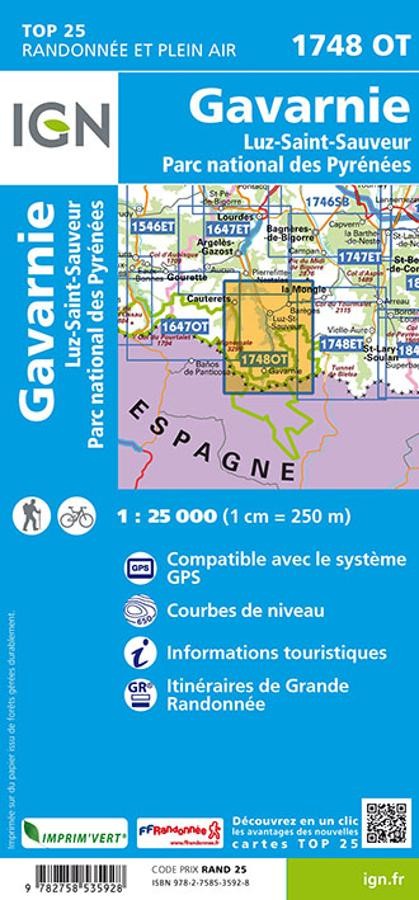 Carte IGN cirque gavarnie luz saint sauveur parc pyrenees 1748OT série Top 25