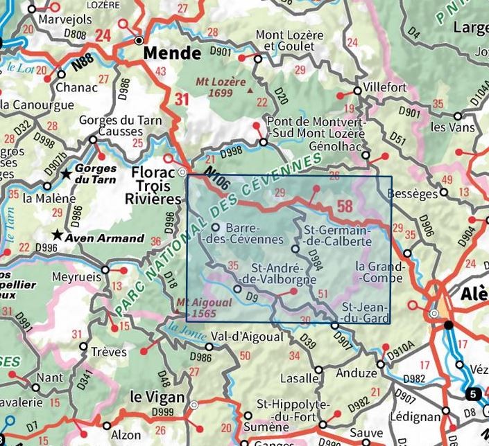 Carte IGN corniche des cevennes parc national cevennes 2740ET série Top 25