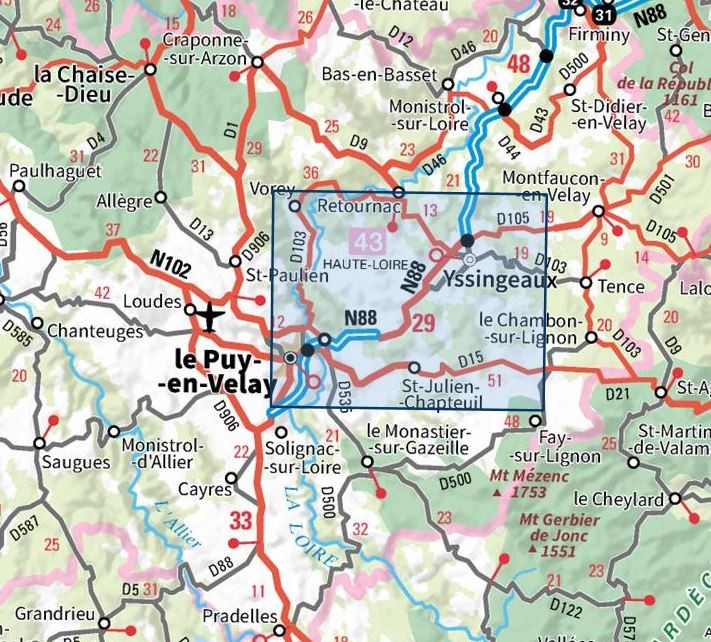 Carte IGN le puy en velay yssingeaux 2835OT série Top 25