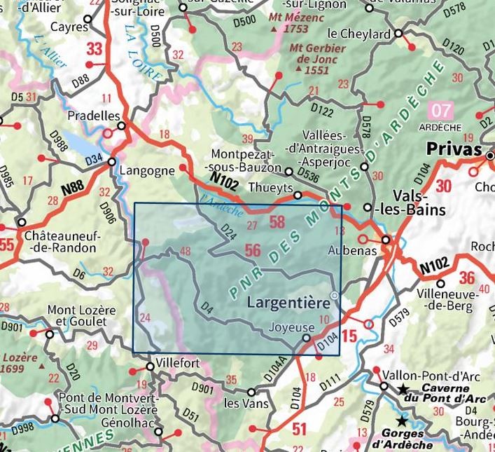 Carte IGN largentiere bastide puylaurent 2838OT série Top 25