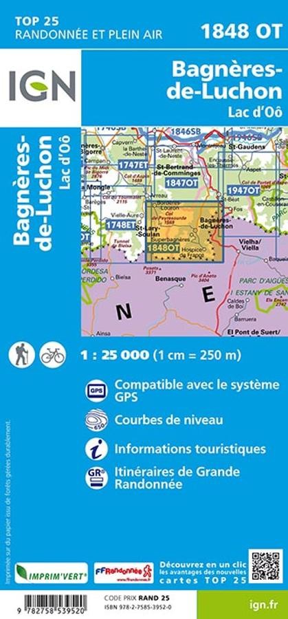 Carte IGN bagneres luchon lac d'Oô 1848OT série Top 25