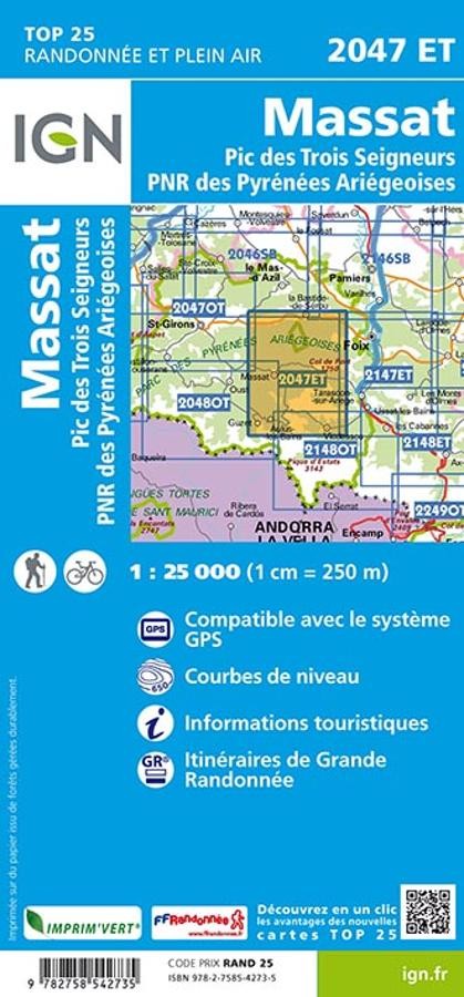 Carte IGN massat pic des 3 seigneurs parc pyerenees ariege 2047ET série Top 25