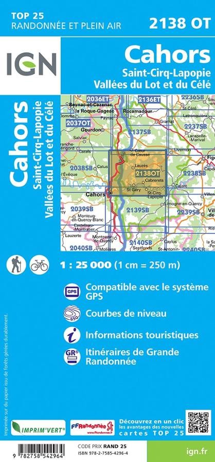 Carte IGN cahors saint cirq lapopie vallees du lot et du cele 2138OT série Top 25