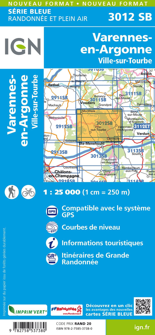 Carte randonnée Varennes-en-Argonne/Ville-sur-Tourbe | série Bleue IGN
