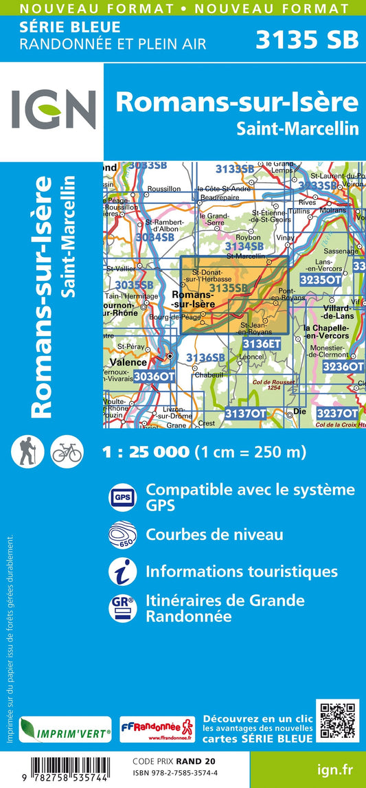 Carte randonnée Romans sur Isère/St Marcellin | série Bleue IGN