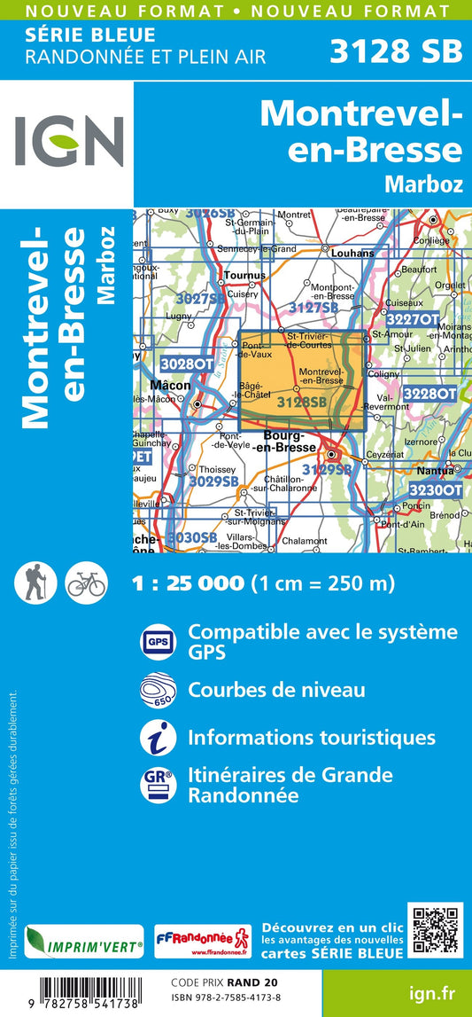 Carte randonnée Montrevel en Bresse/Marboz | série Bleue IGN