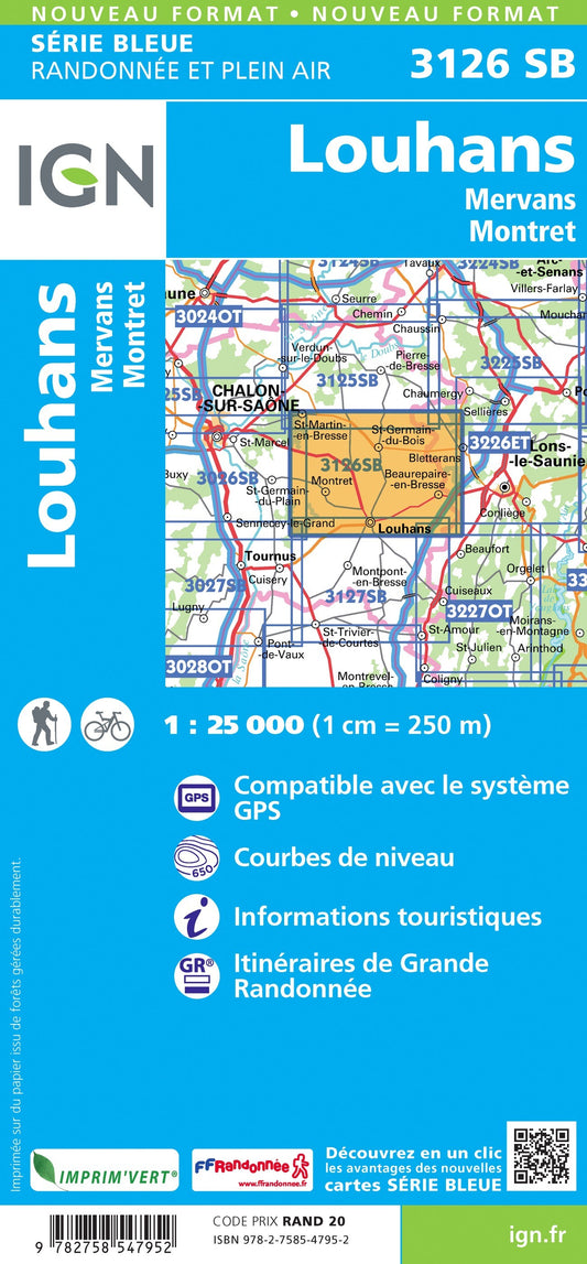 Carte randonnée Louhans.Mervans.Montret | série Bleue IGN