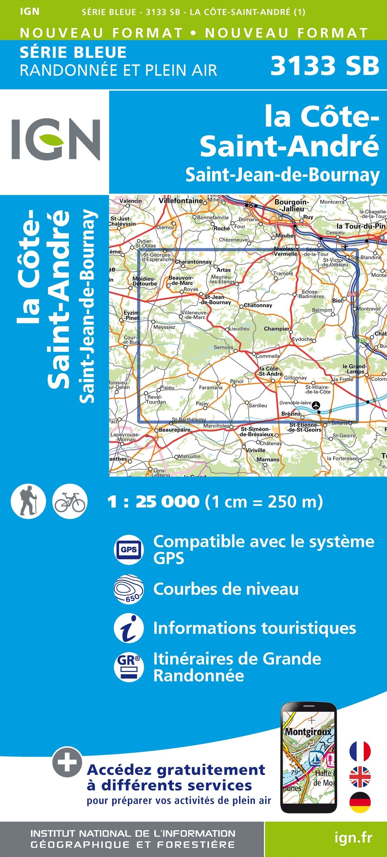 Carte randonnée La Côte Saint-André/Saint-Jean de Bournay | série Bleue IGN