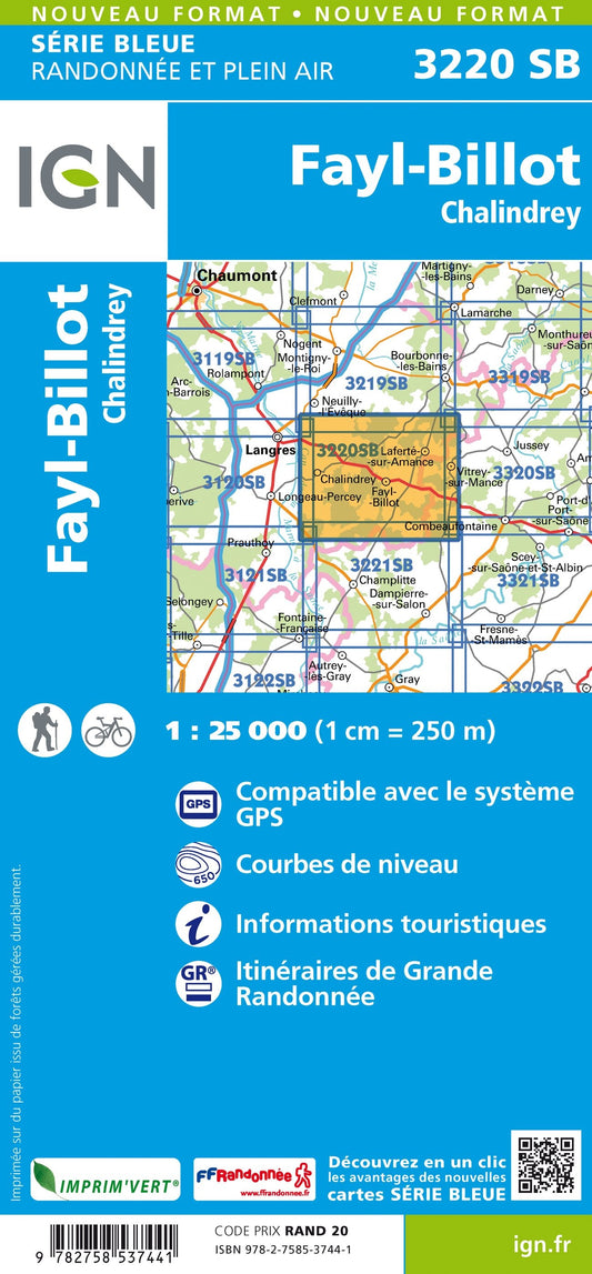 Carte randonnée Fayl-Billot/Chalindrey | série Bleue IGN